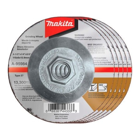 Makita Makita INOX Grinding Wheel, 36 Grit, Type 27, 4-1/2in Dia x 1/4inT x 5/8-11in Cntr Hole Dia-25/Pk A-95984-25